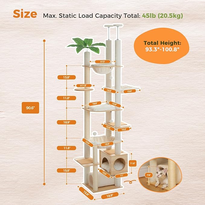 PEQULTI Floor to Ceiling Cat Tree 93.3’’-100.8’’ Height Adjustable Wooden Cat Tower Tall Climbing Play House with Scratching Posts, Cozy Condo, Perches and Large Hammock for Indoor Cats Beige
