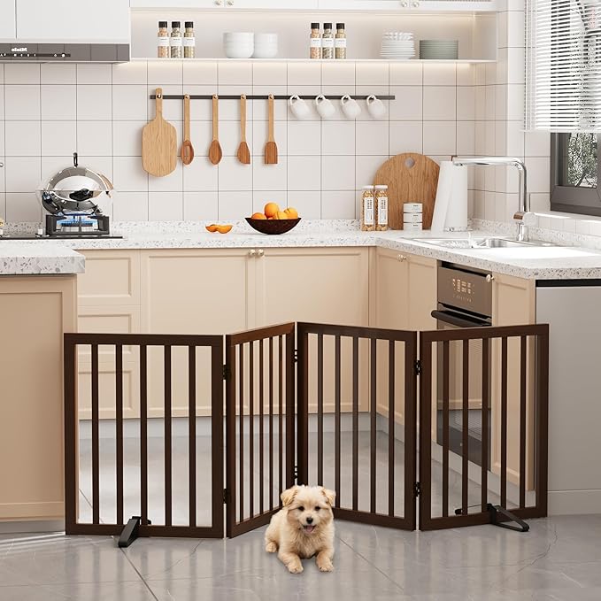 Freestanding Bamboo Wood Dog Gate Indoor, 4-Panel Pet Gates with 2 Stands and 360° Hinge for Doorways and Stairs, Puppy Gate for The House, Fully Assembled Safety Fence 74" W x 24" H - Black Walnut