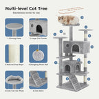 DUMOS 54-inch Indoor Cat Tree Tower –Multi-Level Pet House for Large Cats with 2 Condos, Scratching Posts, Round Platform, Small Ladder, and Toys, Light Grey