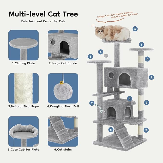 DUMOS 54-inch Indoor Cat Tree Tower –Multi-Level Pet House for Large Cats with 2 Condos, Scratching Posts, Round Platform, Small Ladder, and Toys, Light Grey