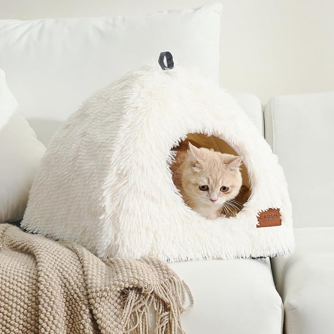 CATISM Cat Bed, Cat Cave for Indoor Cats, Soft Cat Dome, Self-Warming 2 in 1 Foldable Pet Cat House with Washable Cushioned Pillow Calming Fluffy Dog Beds for Small Dogs with Anti-Slip Bottom White