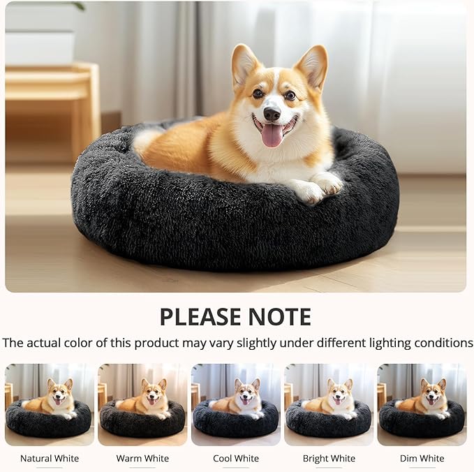 JOLLYVOGUE Calming Dog & Cat Bed for Small Dogs, Anti-Anxiety Donut Cuddler Cozy Soft Round Bed with Anti-Slip Bottom, Fluffy Faux Fur Plush Cushion Beds for Small Medium Pets (23")