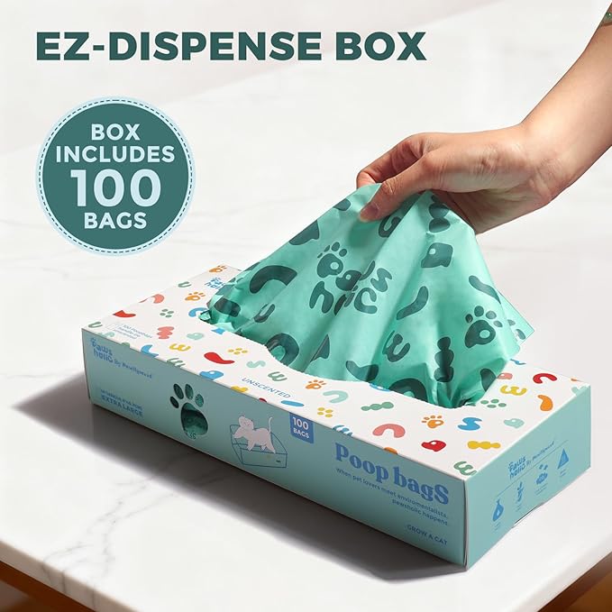 100 Count Extra Large Dog Poop Bags with Handle, fit for Swivel Bin Pooper Scooper,CornStarch Based Heavy Duty and Leak-Proof Waste Bags for Dog & Cat Litter(Unscented)