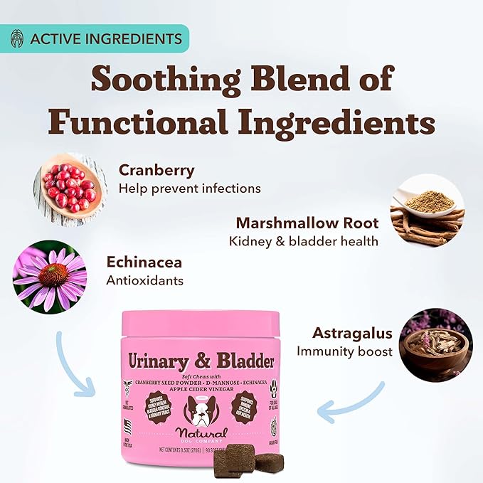 Natural Dog Company Cranberry Supplement for Dogs - Urinary & Bladder Support - D-Mannose for Dog Promotes Bladder Health - Turkey Flavor - Dog UTI Incontinence Supplement - 90 Soft Chews