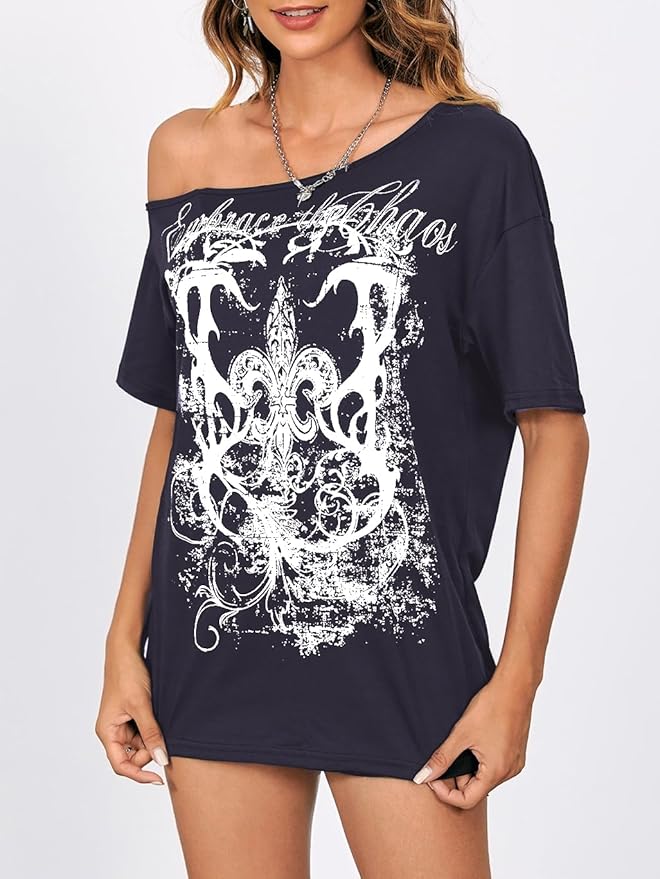 SOLY HUX Women's Off The Shoulder Tops Graphic Tees Y2k Vintage Gothic Oversized T Shirts Streetwear