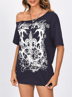 SOLY HUX Women's Off The Shoulder Tops Graphic Tees Y2k Vintage Gothic Oversized T Shirts Streetwear