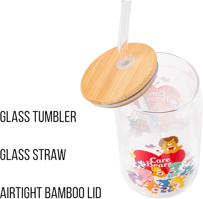 Silver Buffalo Care Bears Heart Cousins Brave Lion Playful Monkey Gentle Lamb Cozy Penguin Lotsa Elephant Bright Raccoon Proud Cat Loyal Dog Treat Pig Swift Rabbit Glass Jar Tumbler w Bamboo Lid, 16oz
