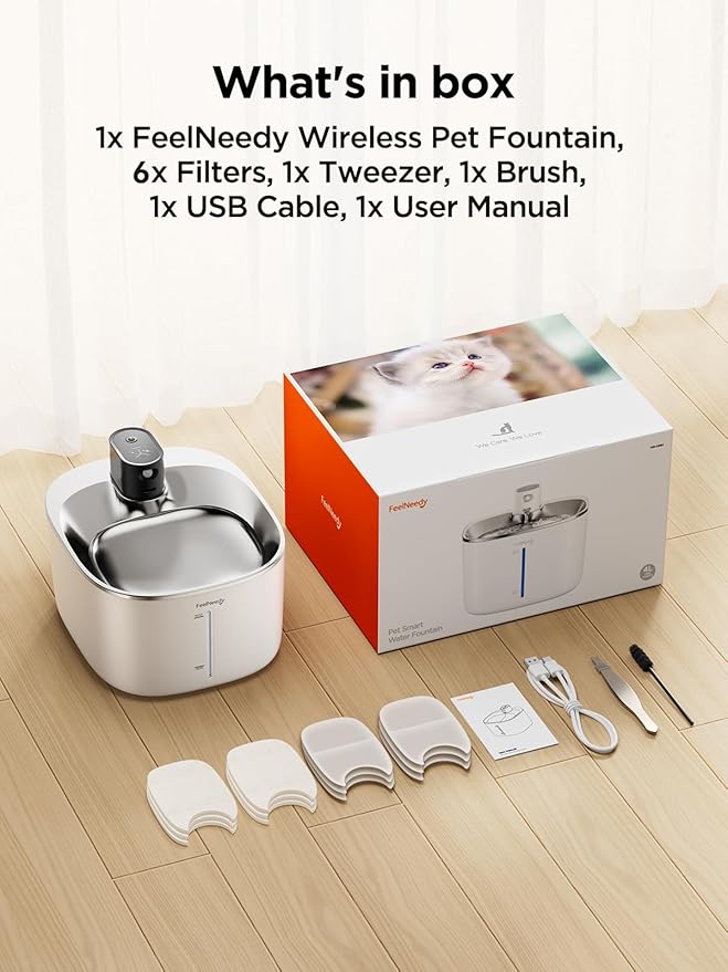 Cordless Cat Water Fountain Battery Operated, FEELNEEDY 4L/135 fl oz Pet Water Fountain for Cats and Dog with Motion Sensor, Ultra Quiet Cat Drinking Fountain with 6 Filters (YPD-C004P), White