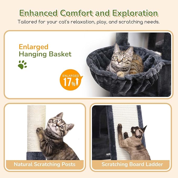 Globlazer Cat Tower for Indoor Cats, 52in Multi-Level Heavy Duty Cat Tower with 4 Scratching Posts, Ladder, Sturdy Cat Tree with 3 Cat Condos for Adult Cats Kittens, Hanging Basket, F52B, Dark Grey