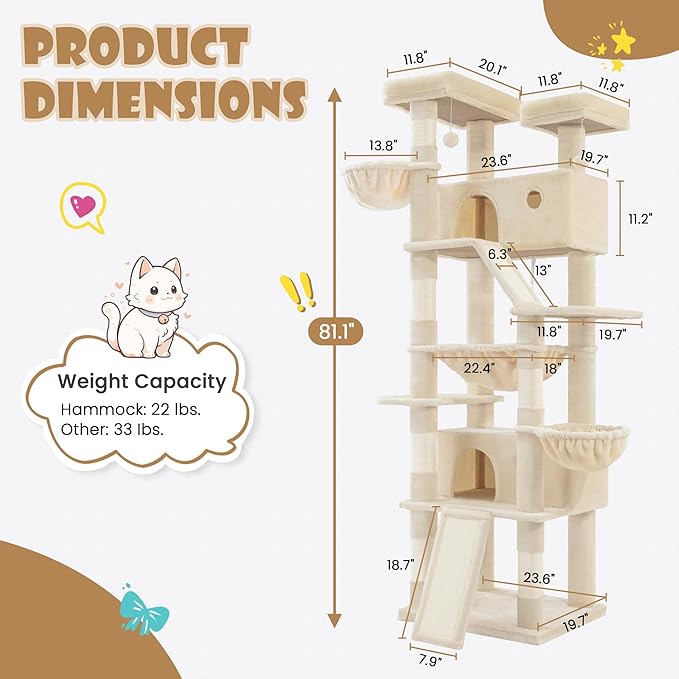 SHA CERLIN 81in Multi-Level Tall Cat Tree Tower for Indoor Kitties/Larger Cat Condo Furniture with Hammock/Cozy Pussycat Perches/Sisal Scratching Posts/Pet House/Wide Base/Beige
