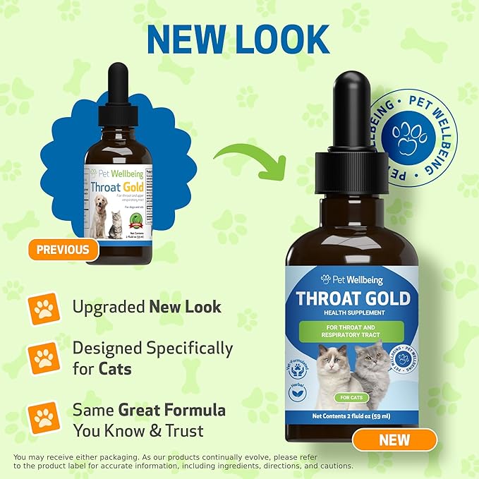 Pet Wellbeing Throat Gold for Cats - Cat Respiratory Support, Occasional Cough & Hoarseness with Mullein & Slippery Elm - NASC Certified & Vet-Formulated - 2 oz Liquid Formula