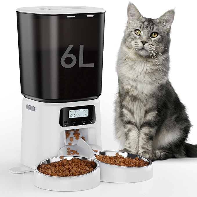 Automatic Cat Feeder,6L Timed Cat Dry Food Dispenser,Pet Feeder up to 6 Meals per Day,10S Voice Record,Flexible Schedule Timer,Auto Pet Feeder for Cats and Small Dogs (White, 6L)