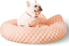 Round Dog Bed for Small Dogs & Cats -Washable Dount Cute Cat Bed for Indoor Cats, Orthopedic Sherpa Fleece Soft Cozy Calming Pet Bed with Removable Zipper Cover (Orange Check, (23x23x8inches))