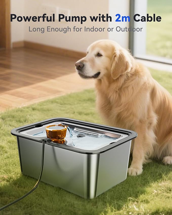 Dog Water Fountain for Large Dogs Stainless Steel 3 Gallon Big Pet Drinking Fountain with Filter, Electric Cat Watering Dispenser with Large-Filtration Area & Deeper Drinking Super Quiet