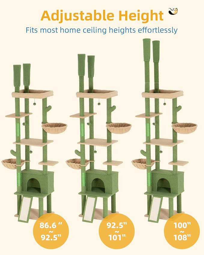 Cat Tree Floor to Ceiling with 18.9in Big Perch Bed and Condo for Large Adult Cats, 86in-108in Heavy Duty Cat Tower for Indoor Cat Pet, Cactus Green