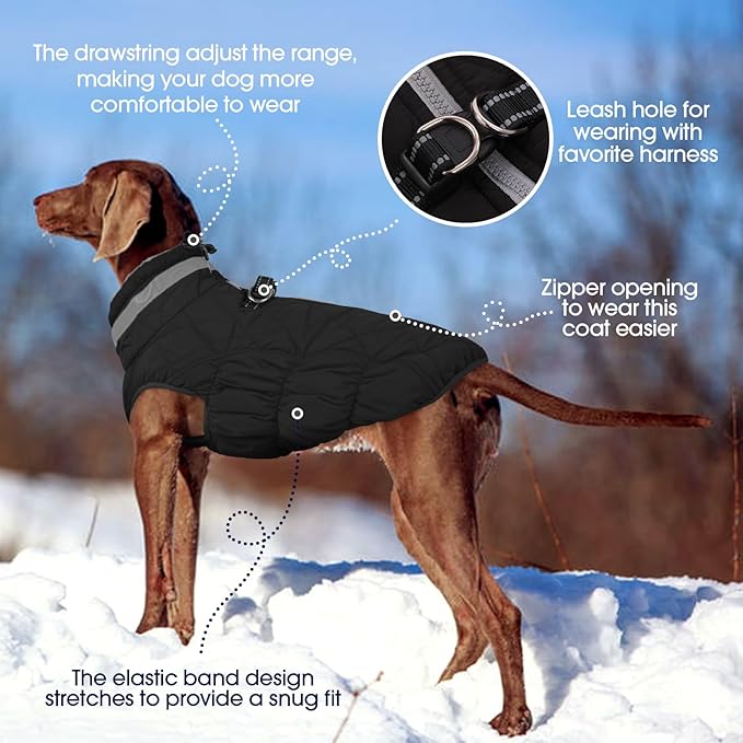 FUAMEY Dog Coat for Large Dogs,Waterproof Dog Winter Jacket with Harness Built in Puppy Cold Weather Coats Reflective Pet Vest with Zipper Warm Fleece Dogs Snowsuit Windproof Solid Black 2XL