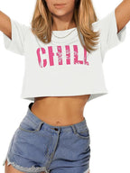 Womens Summer Crop Tops Short Sleeve Round Neck T-Shirts Loose Fit Casual Blouse