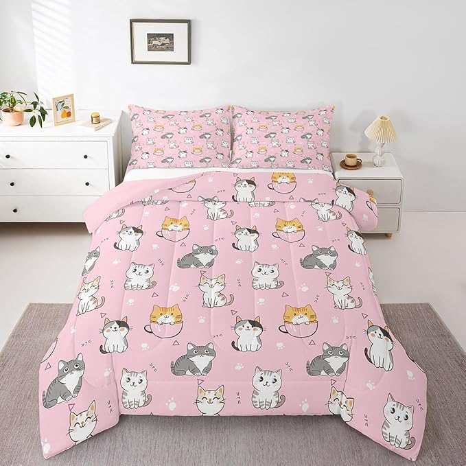 Erosebridal Pink Cat Bedding Set Twin Kawaii Animal Comforter Set, Cute Hearts Reversible Duvet Insert White Kitten Paws Quilt Set, Cartoon Animal Pet Bedding Comforters & Sets Geometry Triangle Decor