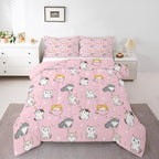 Erosebridal Pink Cat Bedding Set Twin Kawaii Animal Comforter Set, Cute Hearts Reversible Duvet Insert White Kitten Paws Quilt Set, Cartoon Animal Pet Bedding Comforters & Sets Geometry Triangle Decor