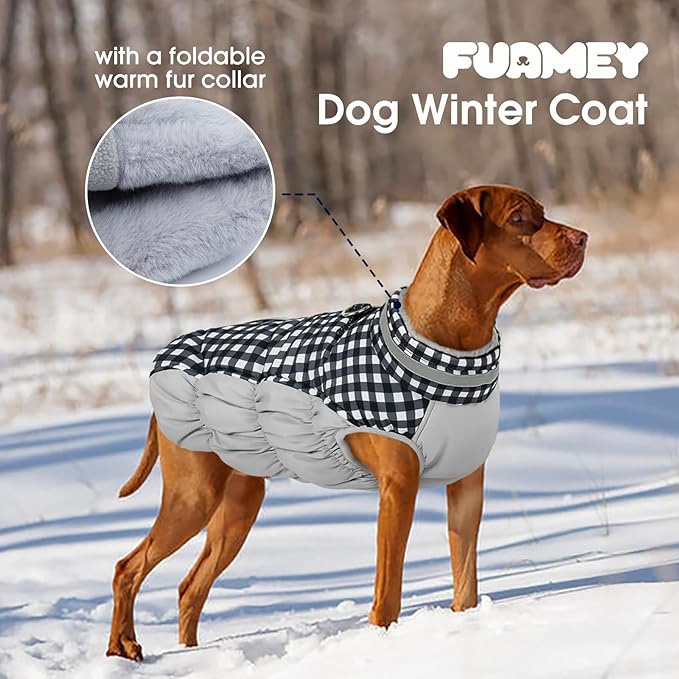 FUAMEY Dog Coat for Small Dogs,Waterproof Dog Winter Jacket with Harness Built in Puppy Cold Weather Coats Reflective Pet Vest with Zipper Warm Fleece Dogs Snowsuit Windproof Checkerboard XS