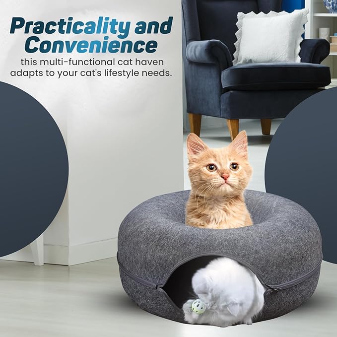 Peekaboo Large Cat Cave and Tunnel Bed - Donut Cat Bed for Indoor Cats up to 30-45 lbs, Scratch Resistant, Detachable & Washable, Cat Donut Tunnel (Dark Gray, Large)