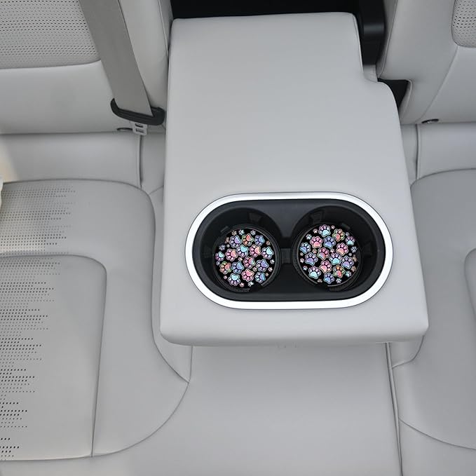 2 Pack Absorbent Car Coasters for Cup Holders,Gradient Black Dog paw Print Ceramic Coasters with Cork Back and Finger Slot,2.56" Auto Accessories for Women & Men.