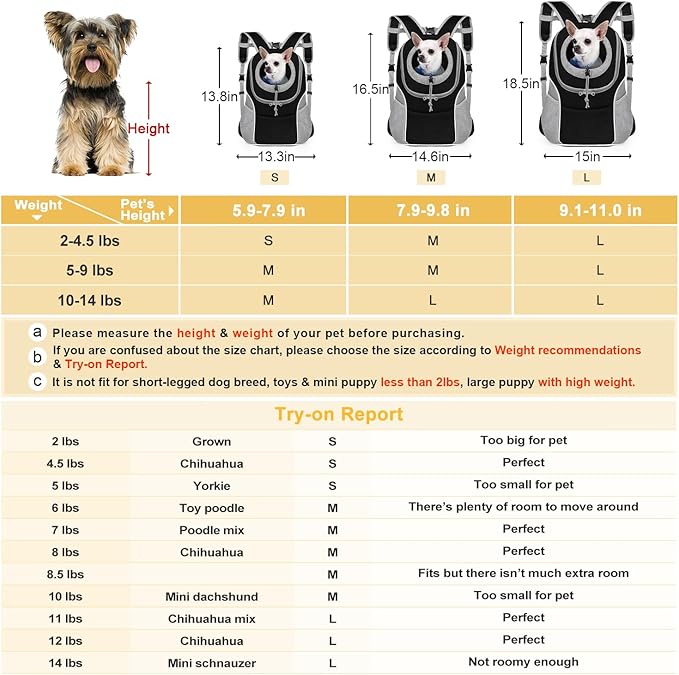 WOYYHO Pet Dog Carrier Backpack Small Dog Front Backpack Ventilated Dog Carrier Back Pack with Storage Pockets, Adjustable Straps & Safety Belt for Travel Hiking Outdoor (Size L: 10-14 lbs, Gray)