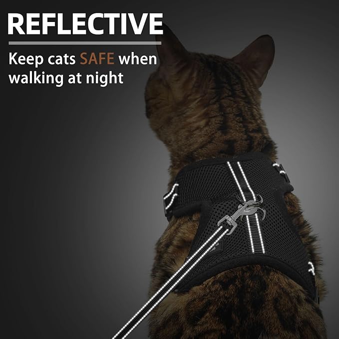 PUPTECK Cat Harness and Leash Set Escape Proof, Reflective Adjustable Soft Mesh Kitten Vest Harness for Walking Travel, Black, S