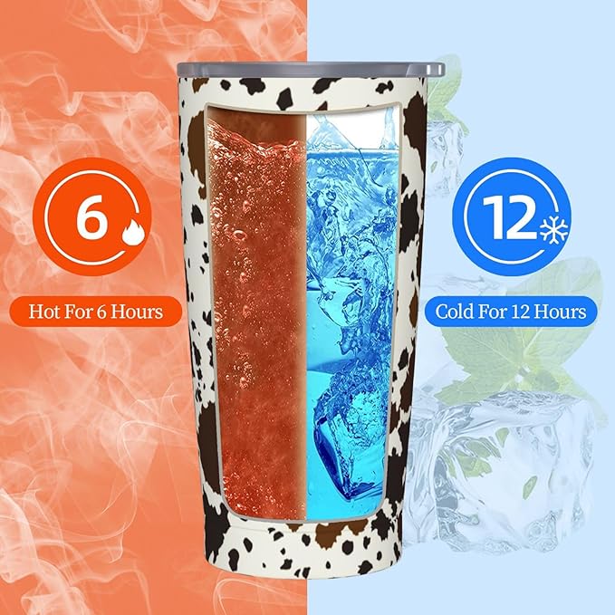 Western Cow Print Tumbler with Lid and Straw, 20 Oz Stainless Steel Insulated Brown Cow Water Bottle Cup Coffee Mug