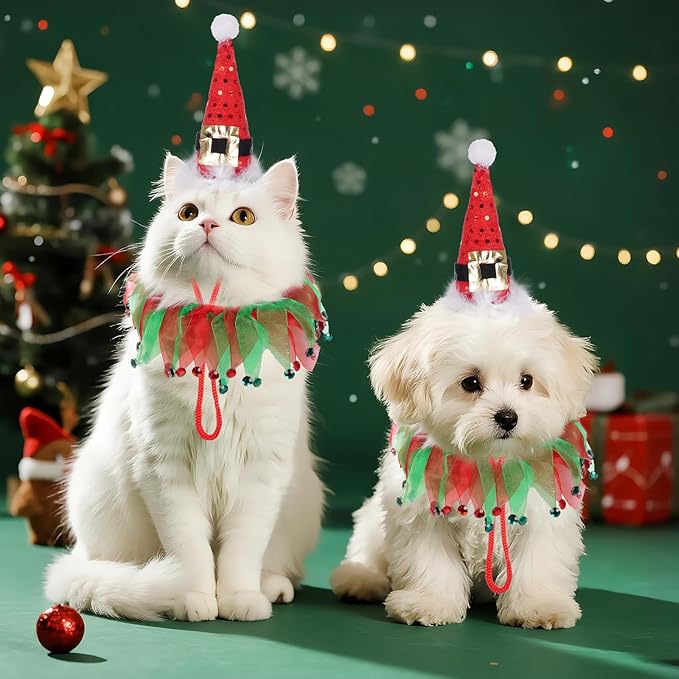 2Pcs Dog Santa Hat and Tutu Collar Set, Pet Cat & Small Dog Christmas Outfit Costume for Xmas Holiday Birthday Party