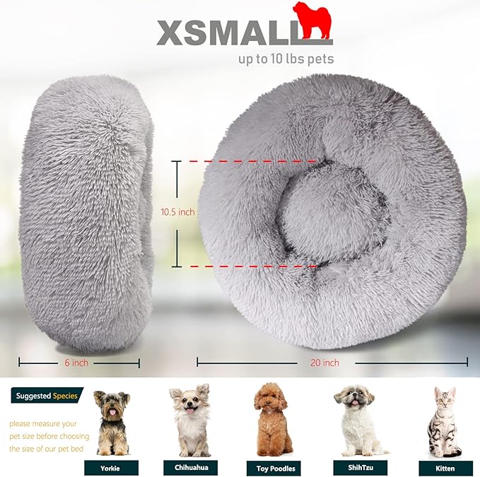 Extra Small Dog Bed Cute Grey Dog Bed Washable 19 inches Donut Fluffy Small Pet Beds,Calming Anti Anxiety Round Fits up to 10 lbs Soft Warm Pets Beds for Puppy Dogs Indoor