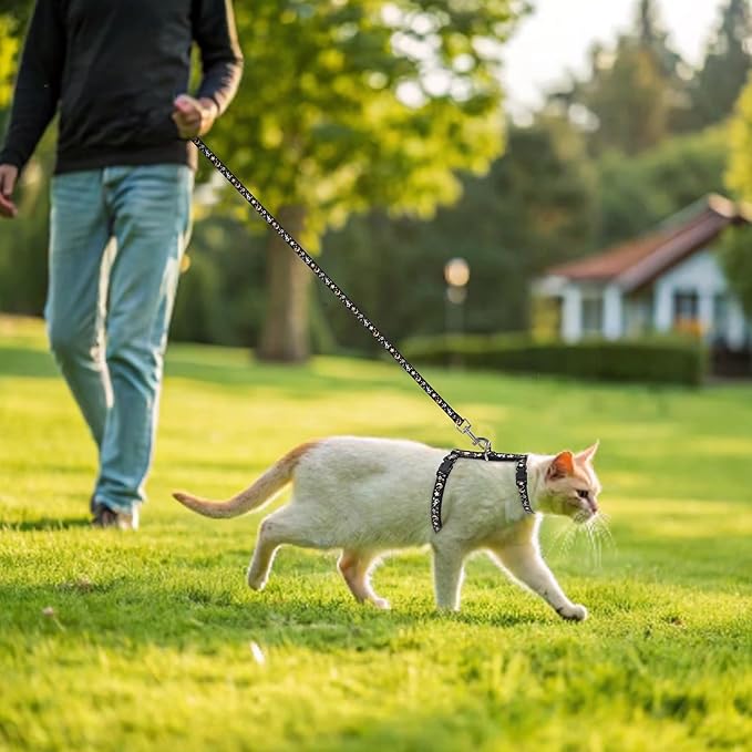 PAWCHIE Cat Harness with Leash and Collar Set - Escape Proof Adjustable H-shped Cat Harness with Star and Moon Pattern Glow in The Dark for Kitty Outdoor Walking