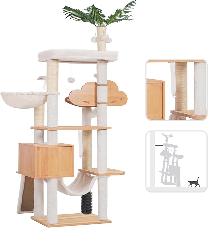 Heybly Wood Cat Tree for Indoor Cats, Cat Condo for Large Cats with Self Groomer, Modern Cat Scratching Tower with Basket, Hammock, Dangling Ball and Leaves, Walnut HCT120WB