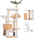 Heybly Wood Cat Tree for Indoor Cats, Cat Condo for Large Cats with Self Groomer, Modern Cat Scratching Tower with Basket, Hammock, Dangling Ball and Leaves, Walnut HCT120WB
