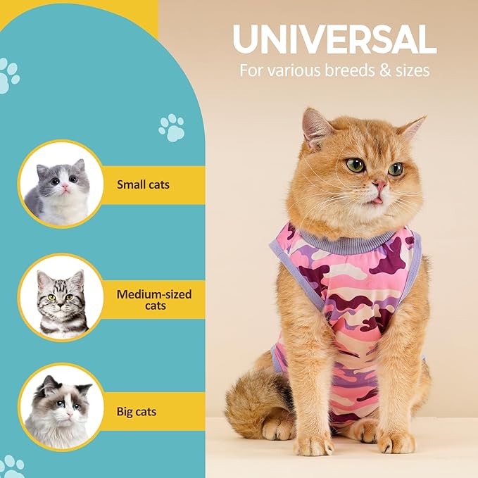 Avont Cat Recovery Suit - Kitten Onesie for Cats After Surgery, Cone of Shame Alternative Surgical Spay Suit for Female Cat, Post-Surgery or Skin Diseases Protection -Purplecamo(S)