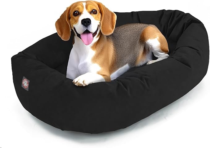 Majestic Pet 32 Inch Suede Shredded Memory Foam Mix Calming Medium Dog Bed Washable 32 x 23 x 7 (Inch) - Cozy Soft Round Donut Dog Bed with Spine for Head Support - Pet Bed Black