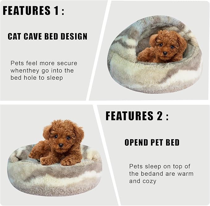 HYQ Cat Beds for Indoor Cats, Small Dog Bed with Cover Cave, Cozy Cat Cave Bed, Round Puppy Bed with Hooded Cover, Dog Beds for Small Dogs with Anti-Slip Bottom(Khaki Texture, 20×20 Inch)