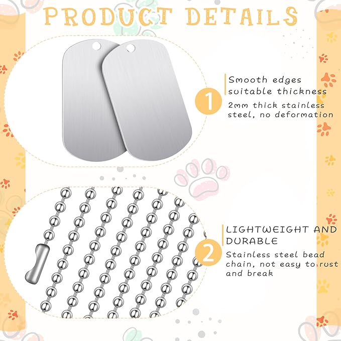 20 Pieces Military Dog Tags Set Including 10 Stainless Steel Army Blank Dog Tags 10 Steel Chains Personalized Pet Oval Pendant Necklaces for Stamping Engraving DIY Halloween Craft(Silver)