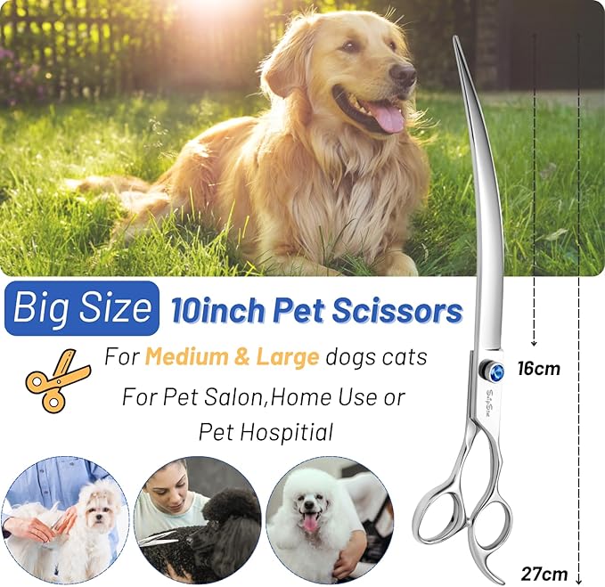 10inch Curved Dog Grooming Scissors Professional, Japanese VG10 Steel Sharp Dog Scissors for Grooming, 30 Degree Bend, Pet Trimming Shears for Dogs Cats Face Paws, Safety Ergonomic with CNC Screw