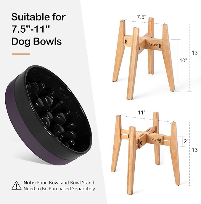 Sted Locking Elevated Dog Bowl Stand for Large Dogs, Adjustable Width 6.5-8.5 Inches Raised Dog Bowl Stand, 8.5" Tall Dog Food Bowl Holder, Bamboo Dog Slow Feeder Stand