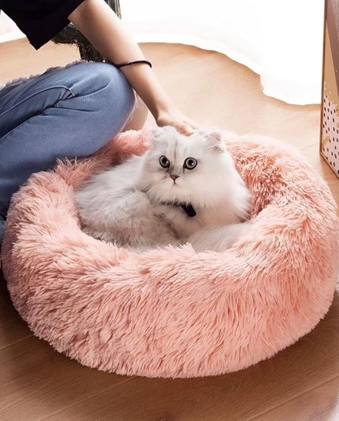 Cat Beds for Indoor Cats - Cat Bed Washable 20/24 inches, Dog Beds for Small Medium Dogs, Anti Anxiety Round Fluffy Plush Faux Fur Cat Bed, Thick Bottom (Pink, Medium)