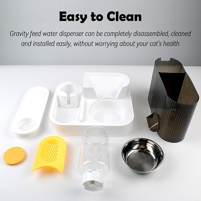 2 in 1 Automatic Cat Feeder and Water Dispenser Combo,All-in-One Dog Food and Water Dispenser Set with Stainless Steel Food Bowl Detachable Gravity Feeder for Cat Kitten Small Dog(Yellow)