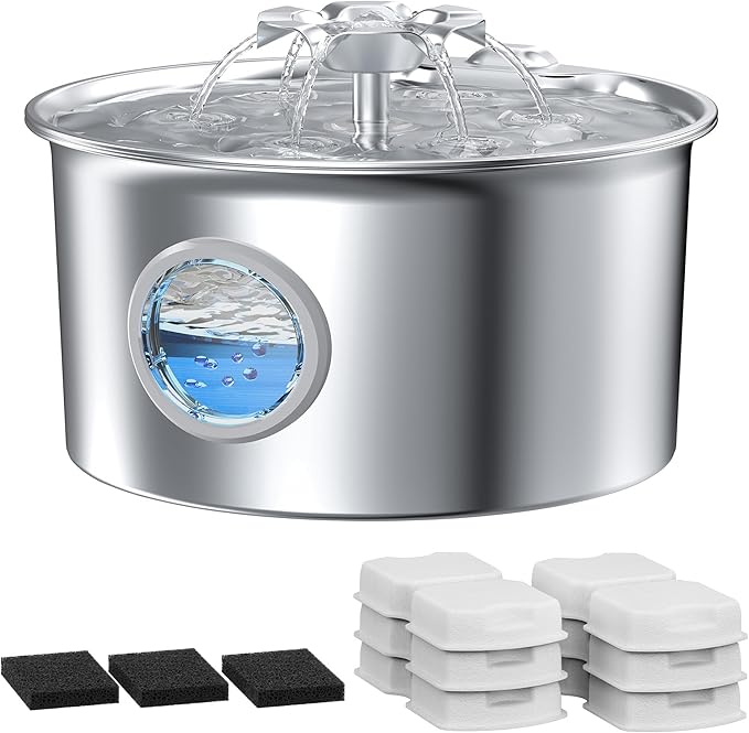 Cat Water Fountain Stainless Steel: 88oz/2.6L Pet Drinking Fountains with 6 Filters Water Bowl for Cats Inside with Flower Kitty Spout Dog Dispenser Animal Watering Supplies - Water Level Window