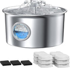 Cat Water Fountain Stainless Steel: 88oz/2.6L Pet Drinking Fountains with 6 Filters Water Bowl for Cats Inside with Flower Kitty Spout Dog Dispenser Animal Watering Supplies - Water Level Window