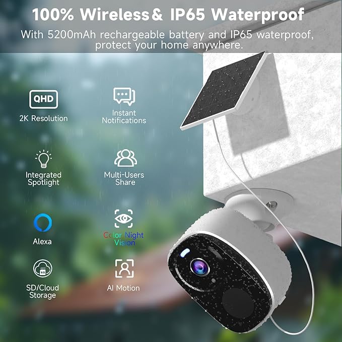 4pcs Security Camera Wireless Outdoor,2K Solar Camera for Home Security, Battery Powered Wifi Security Camera with Solar Panel,Color Night Vision, AI Detection,2-Way Audio, IP65,SD/Cloud, Works Alexa