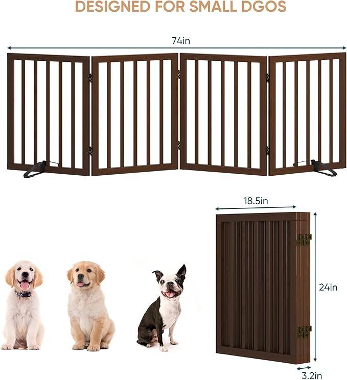 Freestanding Bamboo Wood Dog Gate Indoor, 4-Panel Pet Gates with 2 Stands and 360° Hinge for Doorways and Stairs, Puppy Gate for The House, Fully Assembled Safety Fence 74" W x 24" H - Black Walnut