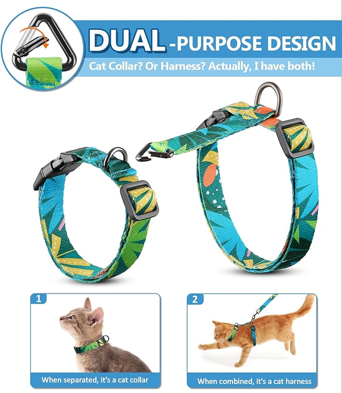 Halypet Cat Harness and Leash Set, Escape Proof [3 in 1 Adjustable & Lightweight] Cat Harness, Soft Comfortable Kitten Harness for Large Cats Safe, Easy to Wear (Hawaii Green, Medium)