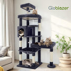 Globlazer Extra Large Platform Cat Tree, 65in Sturdy Cat Scratching Tree for Indoor Cats Large Adult, Big Cat Perch Tower with 3 Padded Perches, 6 Scratching Posts, Cat Condo, Hammock, S65, Dark Grey
