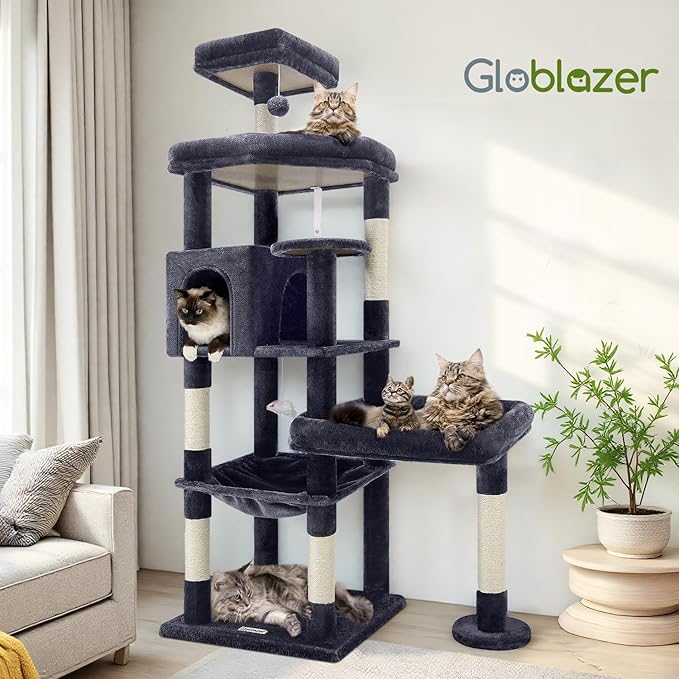 Globlazer Extra Large Platform Cat Tree, 65in Sturdy Cat Scratching Tree for Indoor Cats Large Adult, Big Cat Perch Tower with 3 Padded Perches, 6 Scratching Posts, Cat Condo, Hammock, S65, Dark Grey