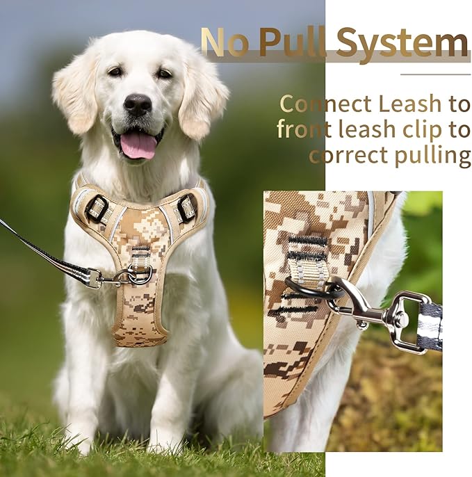 HEELE Dog Harness, No Pull Adjustable Padded Reflective Harness for Small Medium Large Dogs with Handle for Walking Training, Camo Tan, S